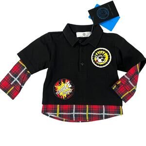 Baby Versace unisex Shirt Young boy or girl plaid dog patches  6m NWT